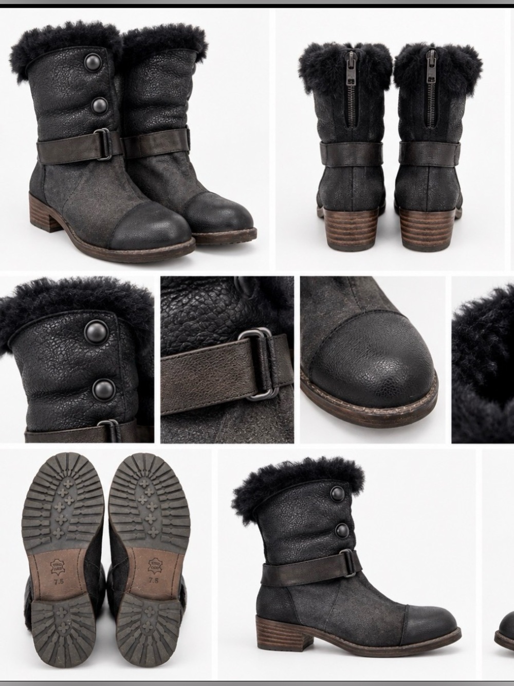 Matt Bernson Tundra Genuine Leather Suede Moto Boots Black US 7.5 Faux Shearling